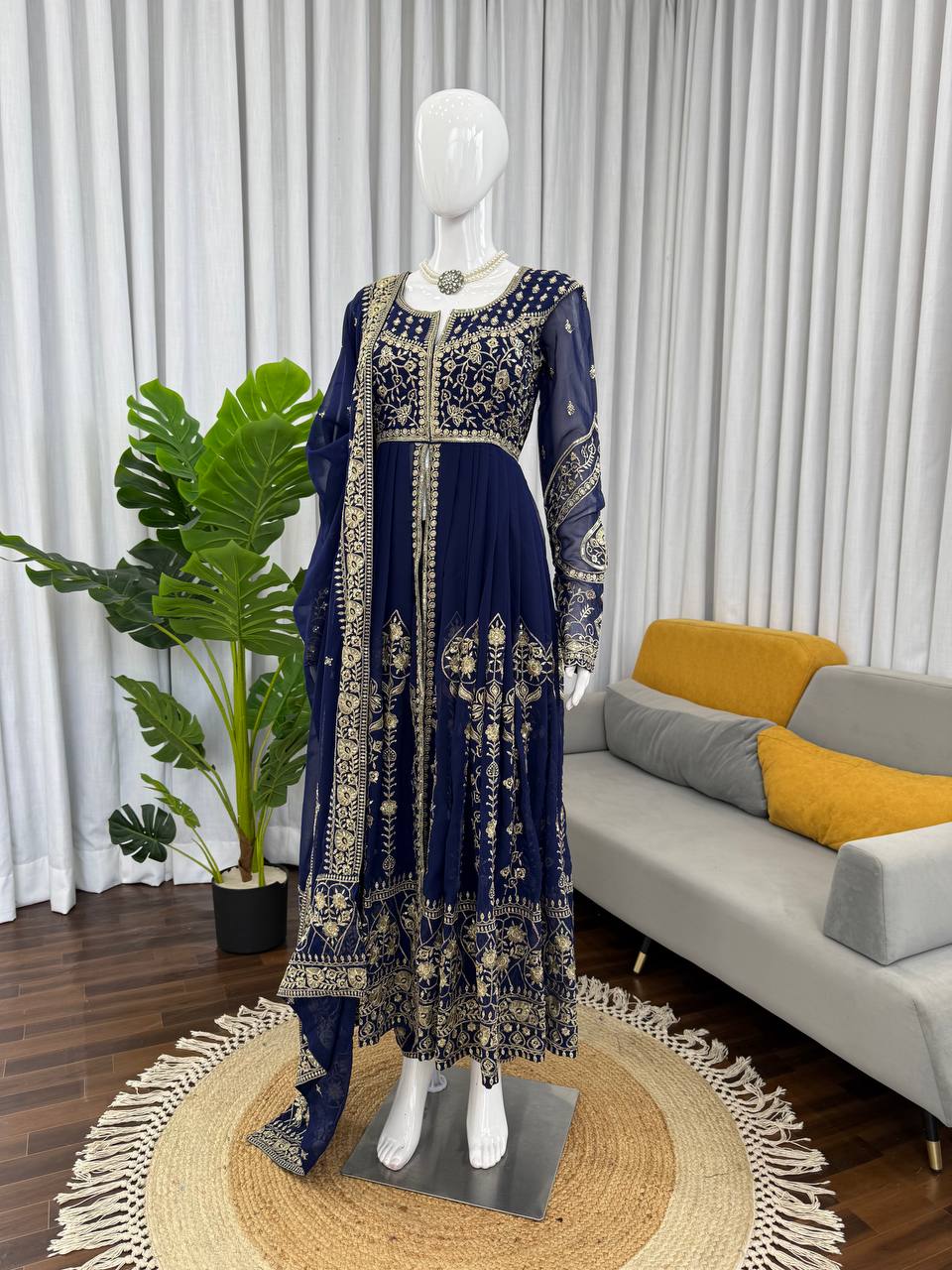 Navy blue faux georgette thread & sequence work anarkali-pant and dupatta set