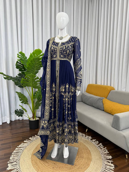 Navy blue faux georgette thread & sequence work anarkali-pant and dupatta set