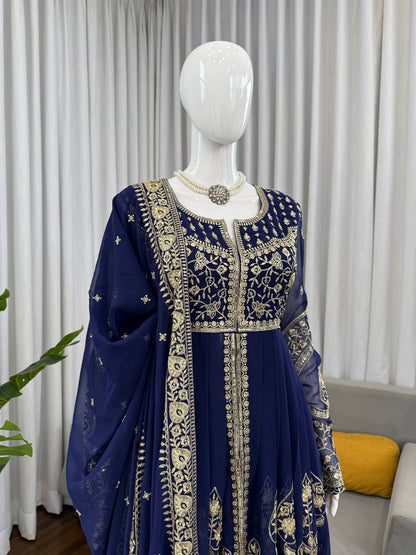 Navy blue faux georgette thread & sequence work anarkali-pant and dupatta set