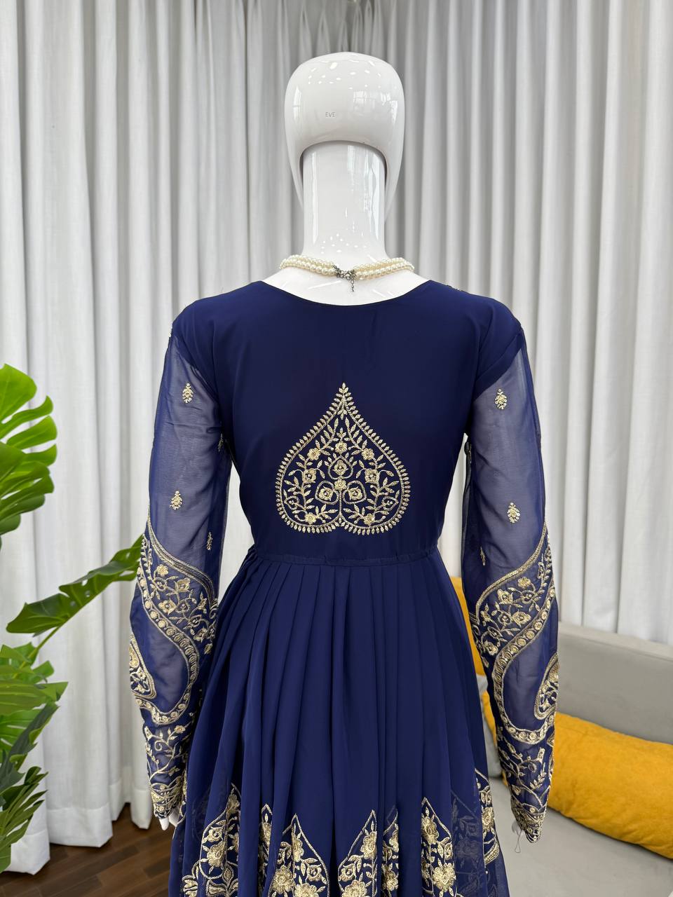 Navy blue faux georgette thread & sequence work anarkali-pant and dupatta set