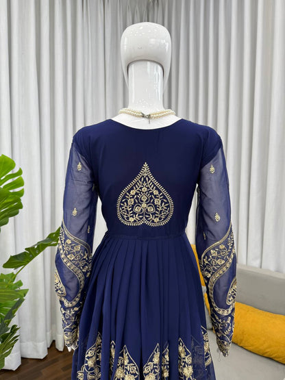Navy blue faux georgette thread & sequence work anarkali-pant and dupatta set