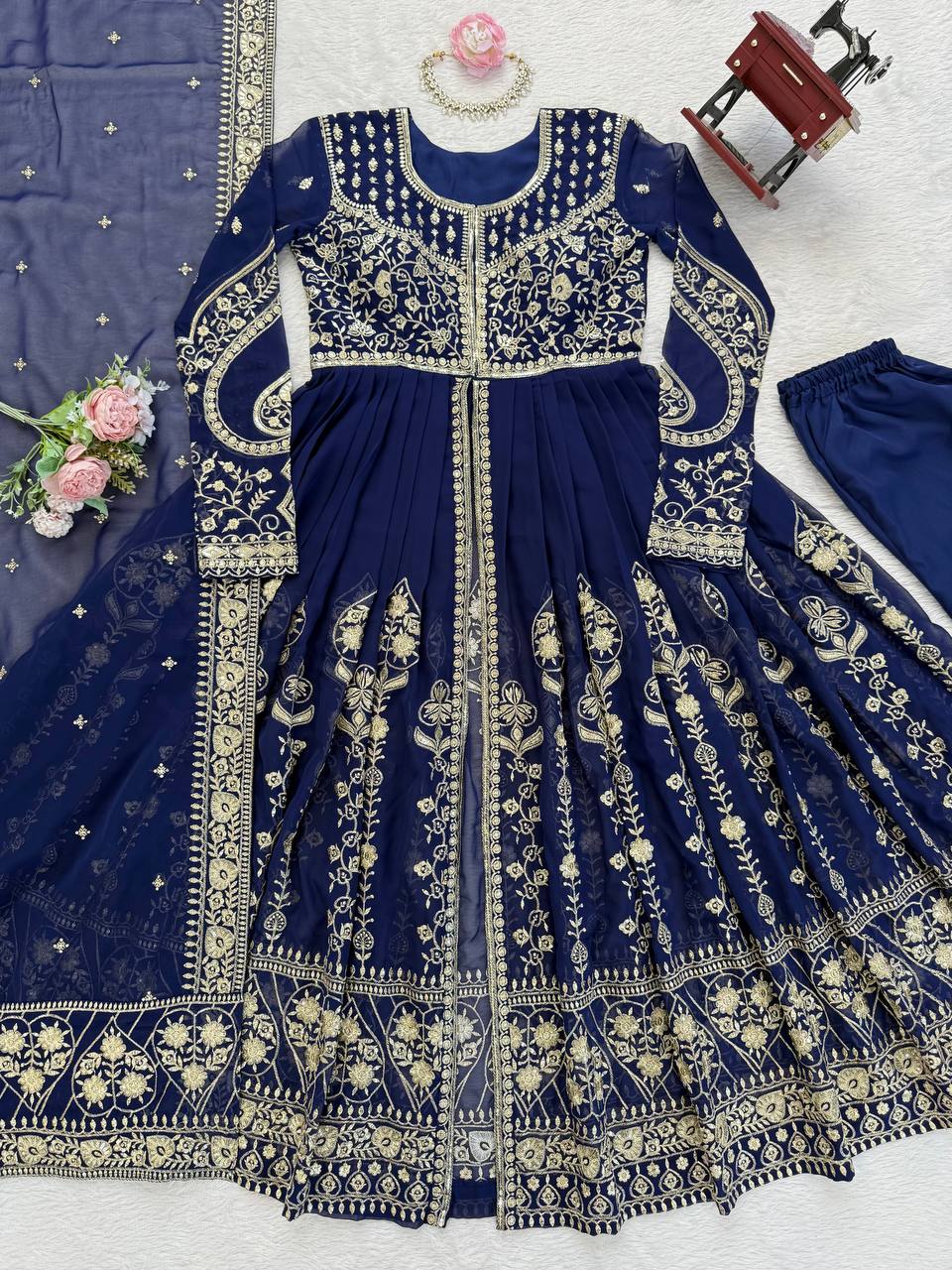 Navy blue faux georgette thread & sequence work anarkali-pant and dupatta set