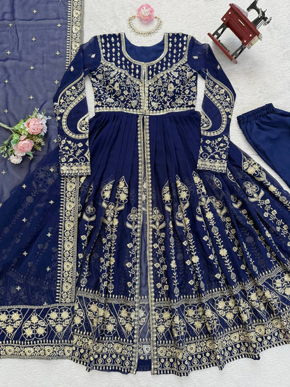 Navy blue faux georgette thread & sequence work anarkali-pant and dupatta set