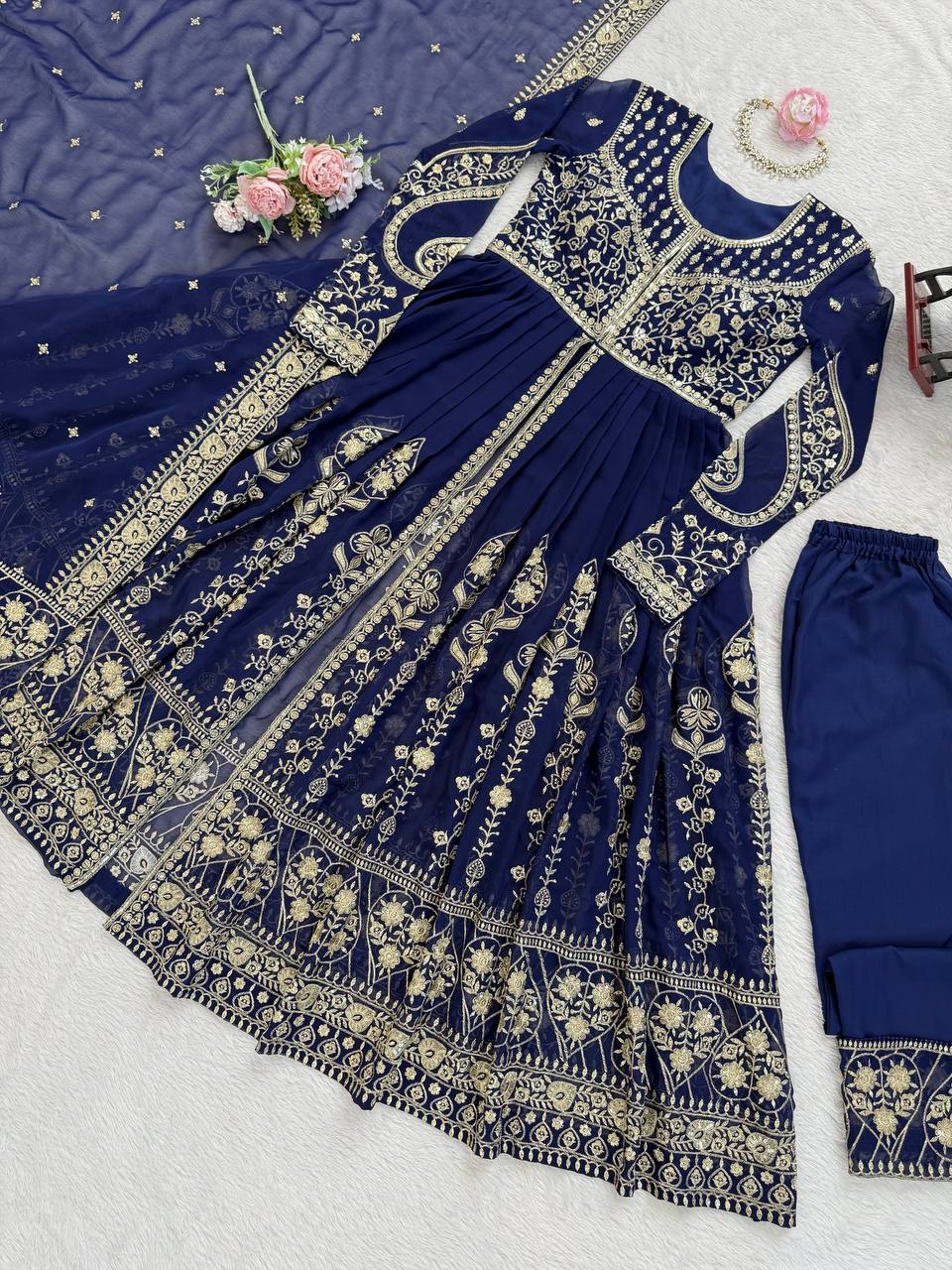 Navy blue faux georgette thread & sequence work anarkali-pant and dupatta set