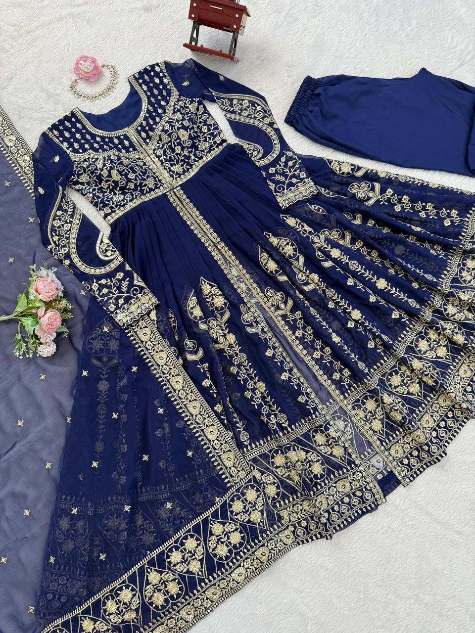 Navy blue faux georgette thread & sequence work anarkali-pant and dupatta set