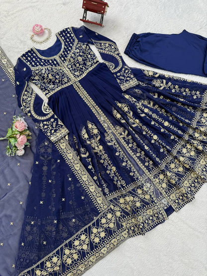 Navy blue faux georgette thread & sequence work anarkali-pant and dupatta set