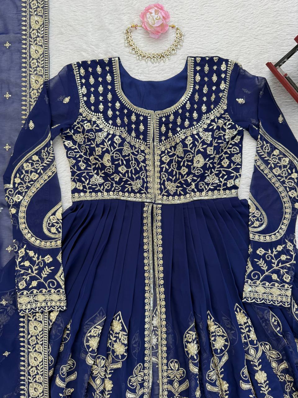 Navy blue faux georgette thread & sequence work anarkali-pant and dupatta set