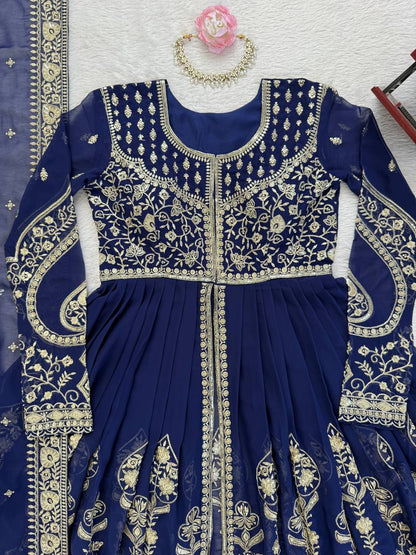 Navy blue faux georgette thread & sequence work anarkali-pant and dupatta set