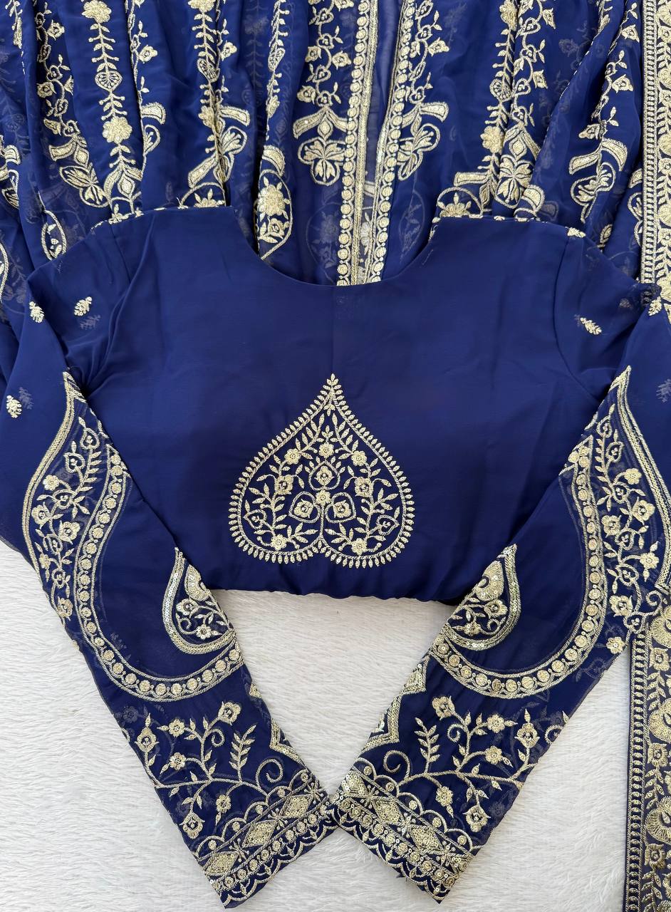 Navy blue faux georgette thread & sequence work anarkali-pant and dupatta set