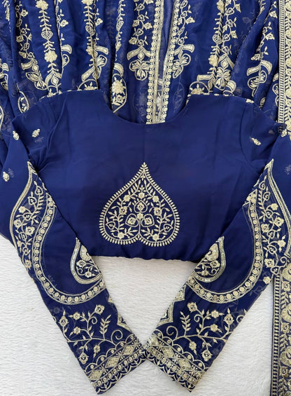 Navy blue faux georgette thread & sequence work anarkali-pant and dupatta set