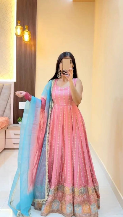 Pink chinon silk thread with sequence anarkali, pant and dupatta set