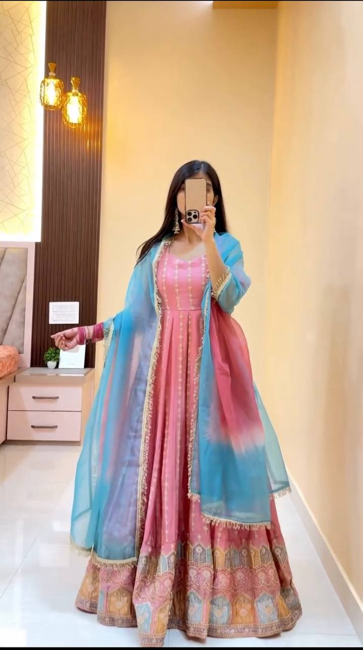 Pink chinon silk thread with sequence anarkali, pant and dupatta set