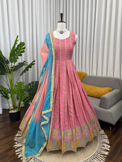 Pink chinon silk thread with sequence anarkali, pant and dupatta set
