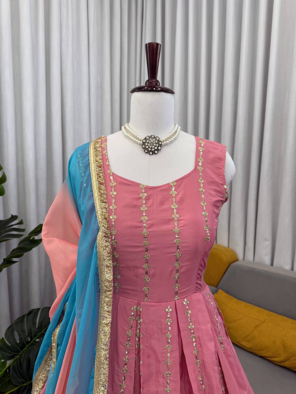 Pink chinon silk thread with sequence anarkali, pant and dupatta set