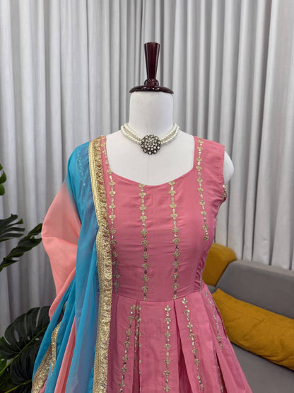 Pink chinon silk thread with sequence anarkali, pant and dupatta set