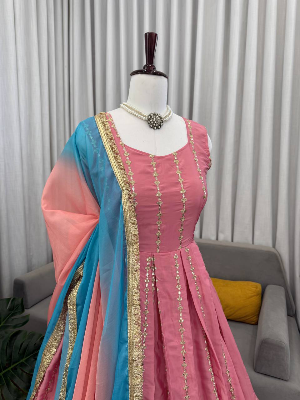 Pink chinon silk thread with sequence anarkali, pant and dupatta set