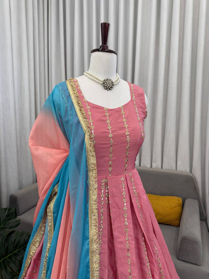 Pink chinon silk thread with sequence anarkali, pant and dupatta set