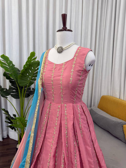 Pink chinon silk thread with sequence anarkali, pant and dupatta set