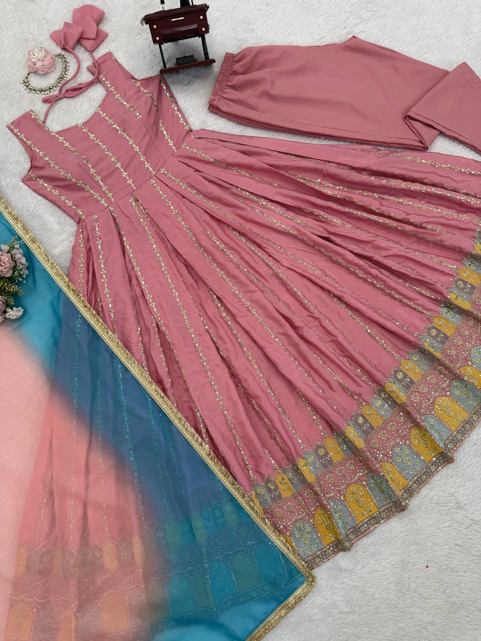 Pink chinon silk thread with sequence anarkali, pant and dupatta set