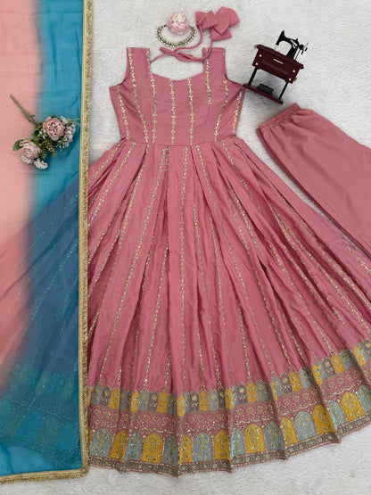Pink chinon silk thread with sequence anarkali, pant and dupatta set