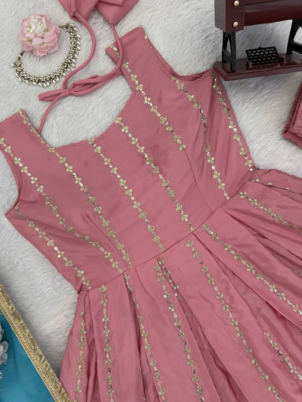 Pink chinon silk thread with sequence anarkali, pant and dupatta set