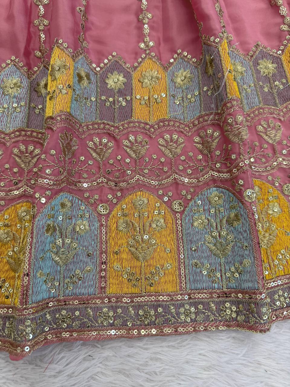 Pink chinon silk thread with sequence anarkali, pant and dupatta set