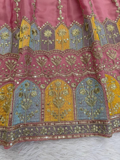 Pink chinon silk thread with sequence anarkali, pant and dupatta set