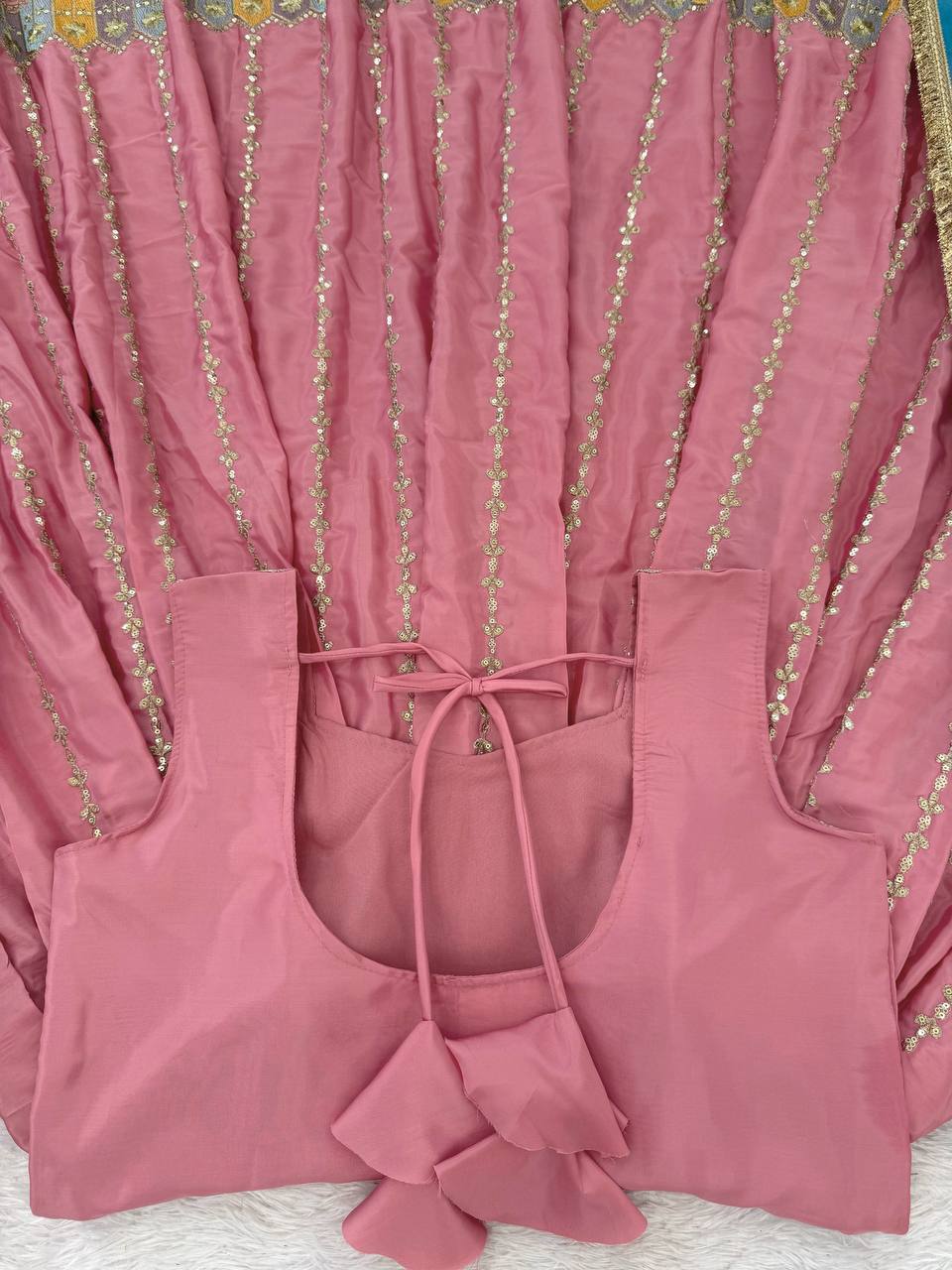 Pink chinon silk thread with sequence anarkali, pant and dupatta set