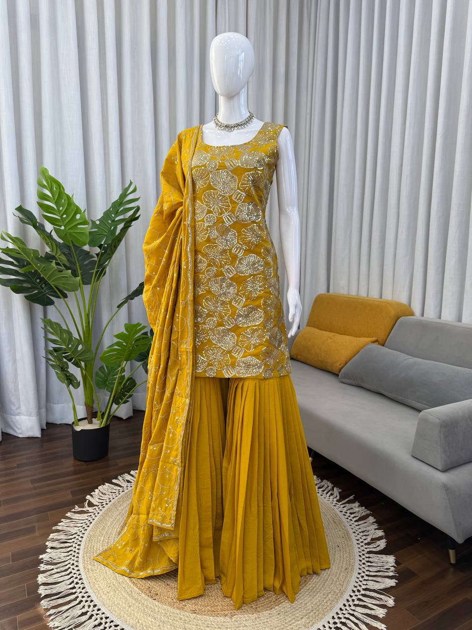 Yellow simmer silk thread with sequence top, sharara and dupatta set