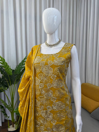Yellow simmer silk thread with sequence top, sharara and dupatta set