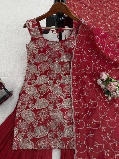 Red simmer silk thread with sequence top, sharara and dupatta set