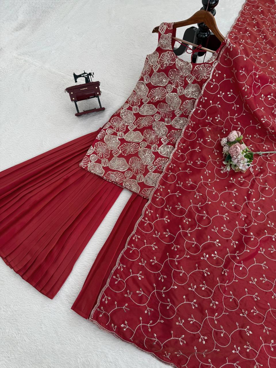 Red simmer silk thread with sequence top, sharara and dupatta set