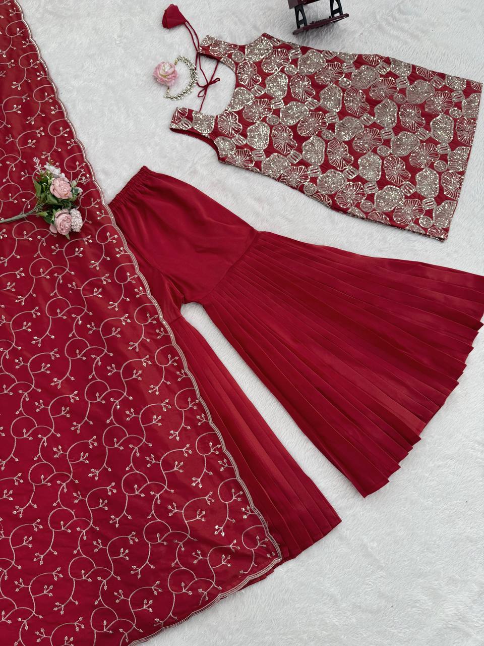 Red simmer silk thread with sequence top, sharara and dupatta set