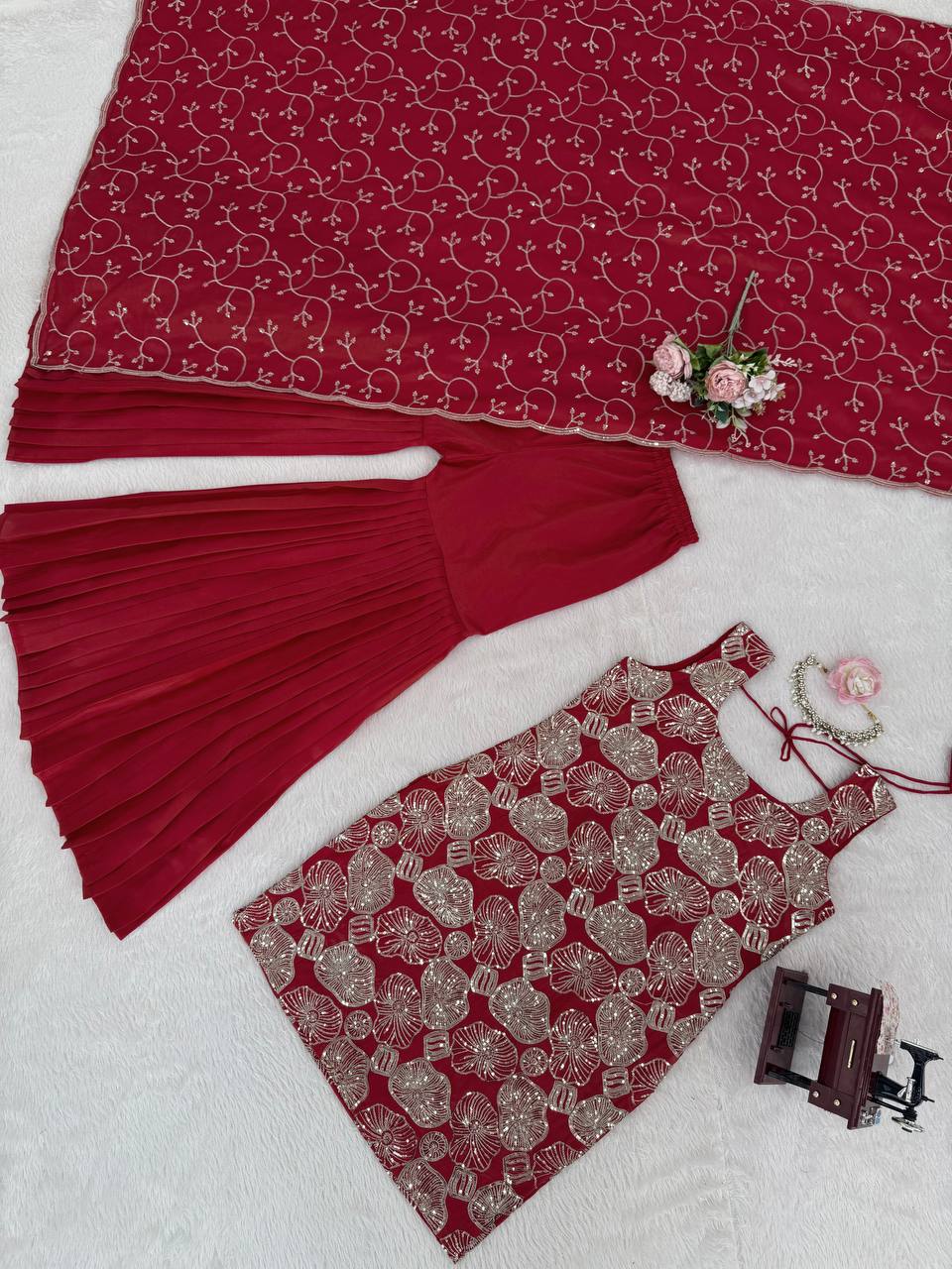 Red simmer silk thread with sequence top, sharara and dupatta set