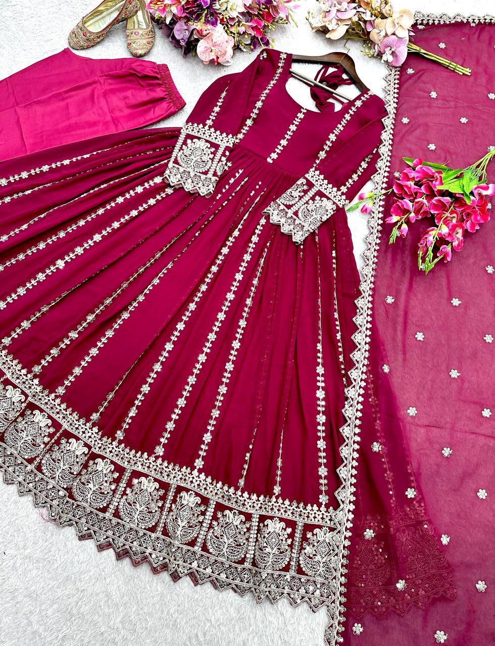Pink blooming georgette embroidery work gown-pant and dupatta set
