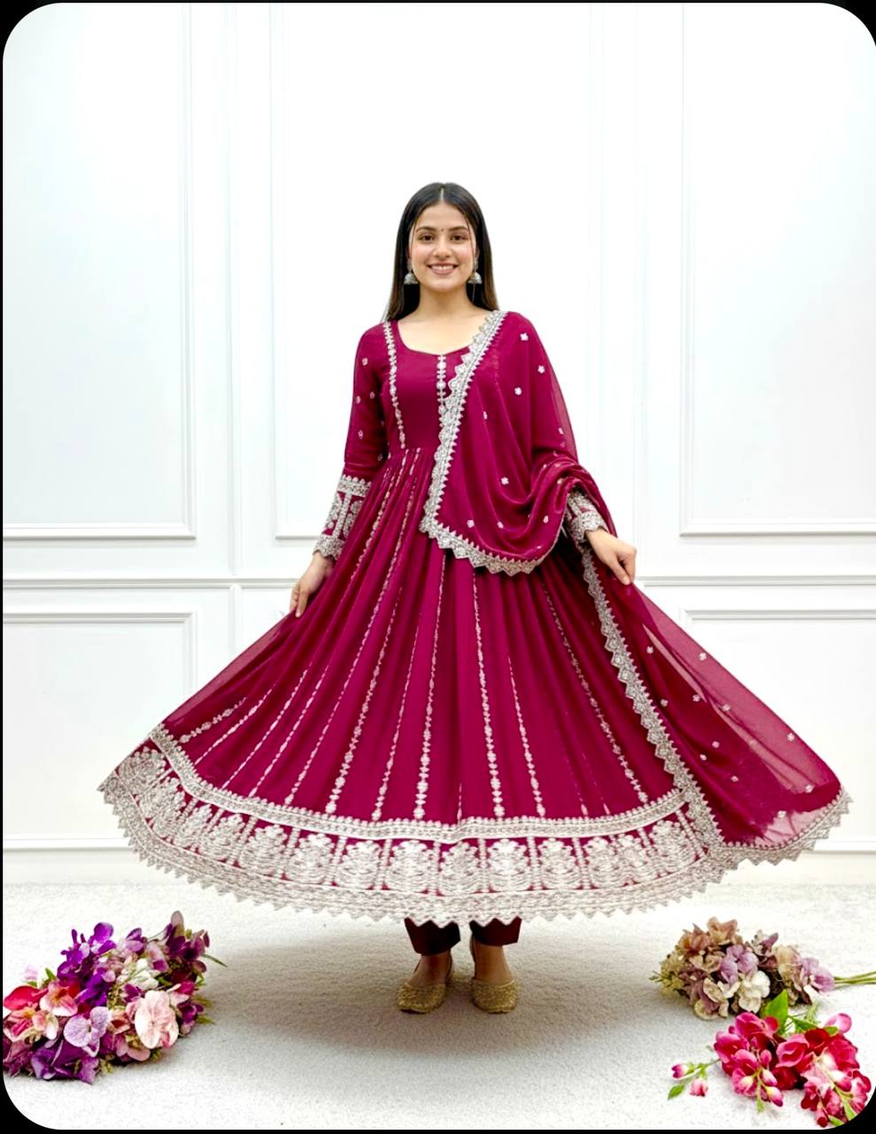 Pink blooming georgette embroidery work gown-pant and dupatta set