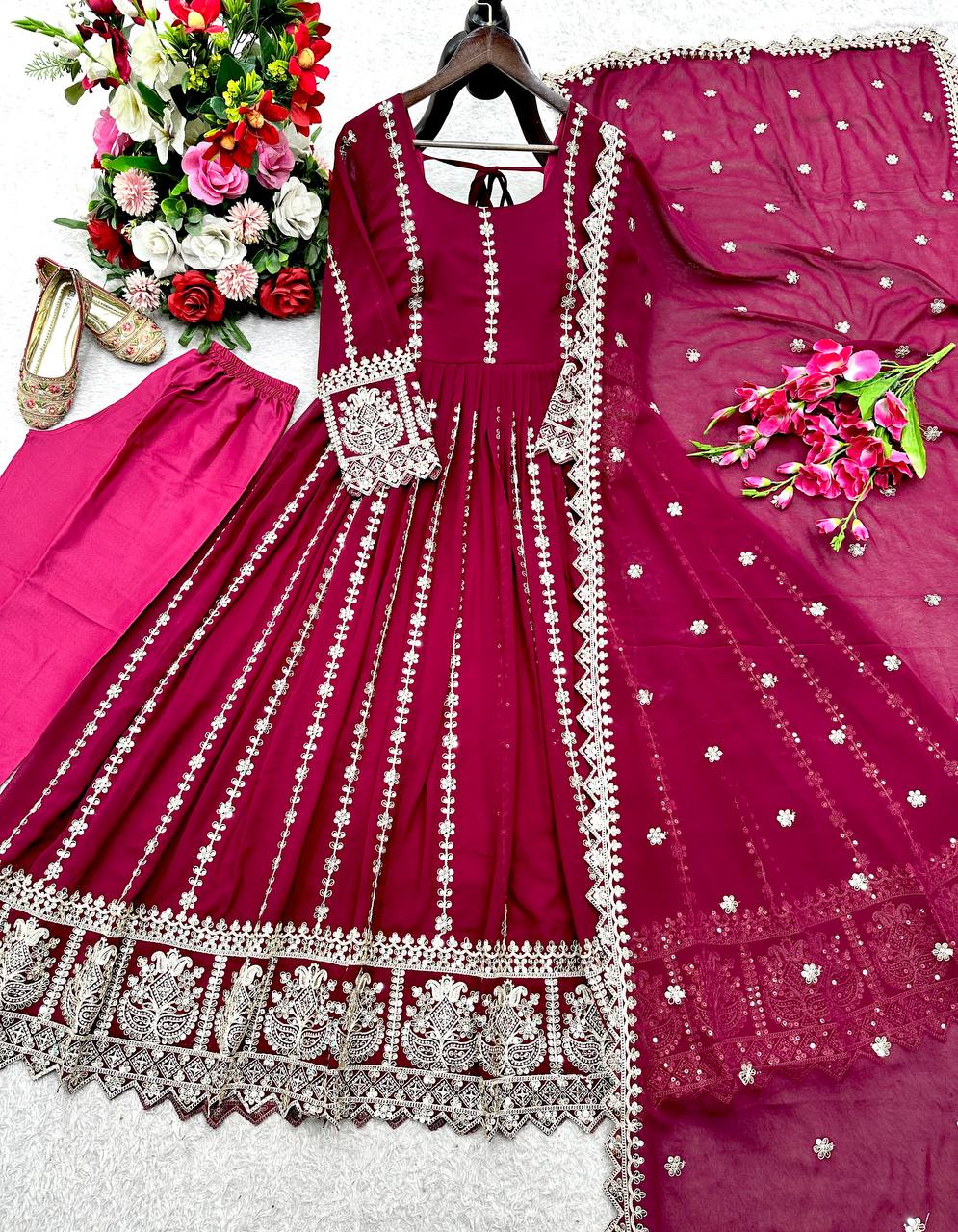 Pink blooming georgette embroidery work gown-pant and dupatta set