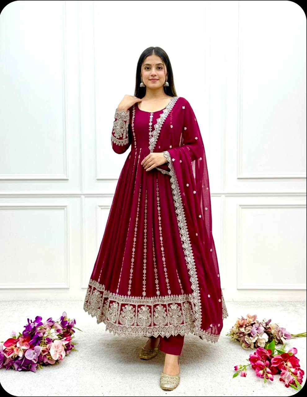 Pink blooming georgette embroidery work gown-pant and dupatta set
