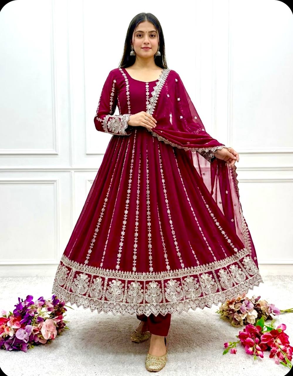 Pink blooming georgette embroidery work gown-pant and dupatta set