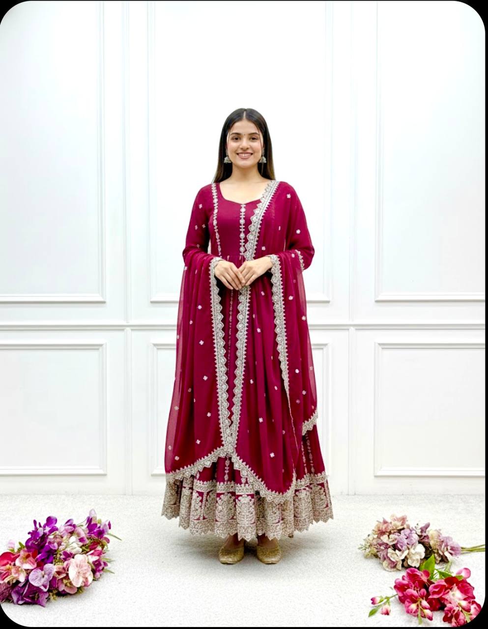 Pink blooming georgette embroidery work gown-pant and dupatta set