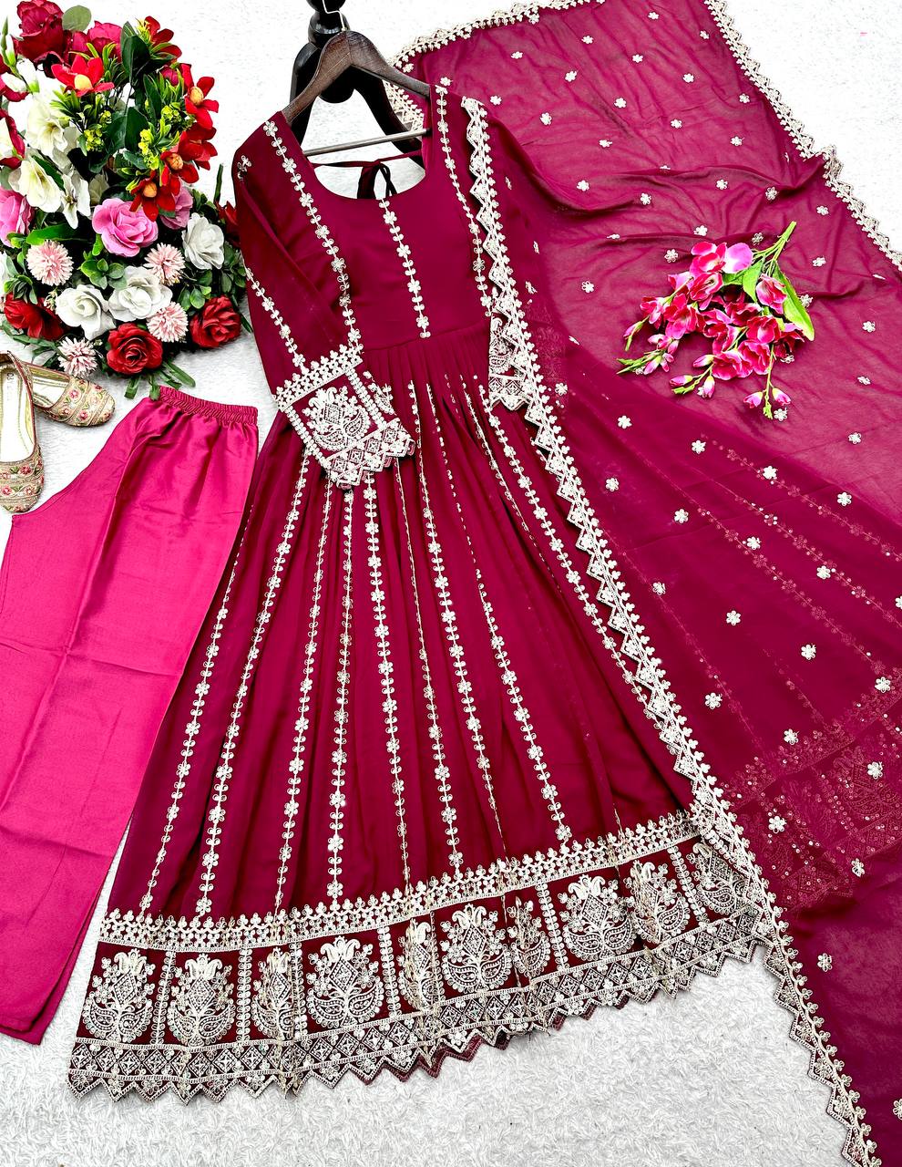 Pink blooming georgette embroidery work gown-pant and dupatta set