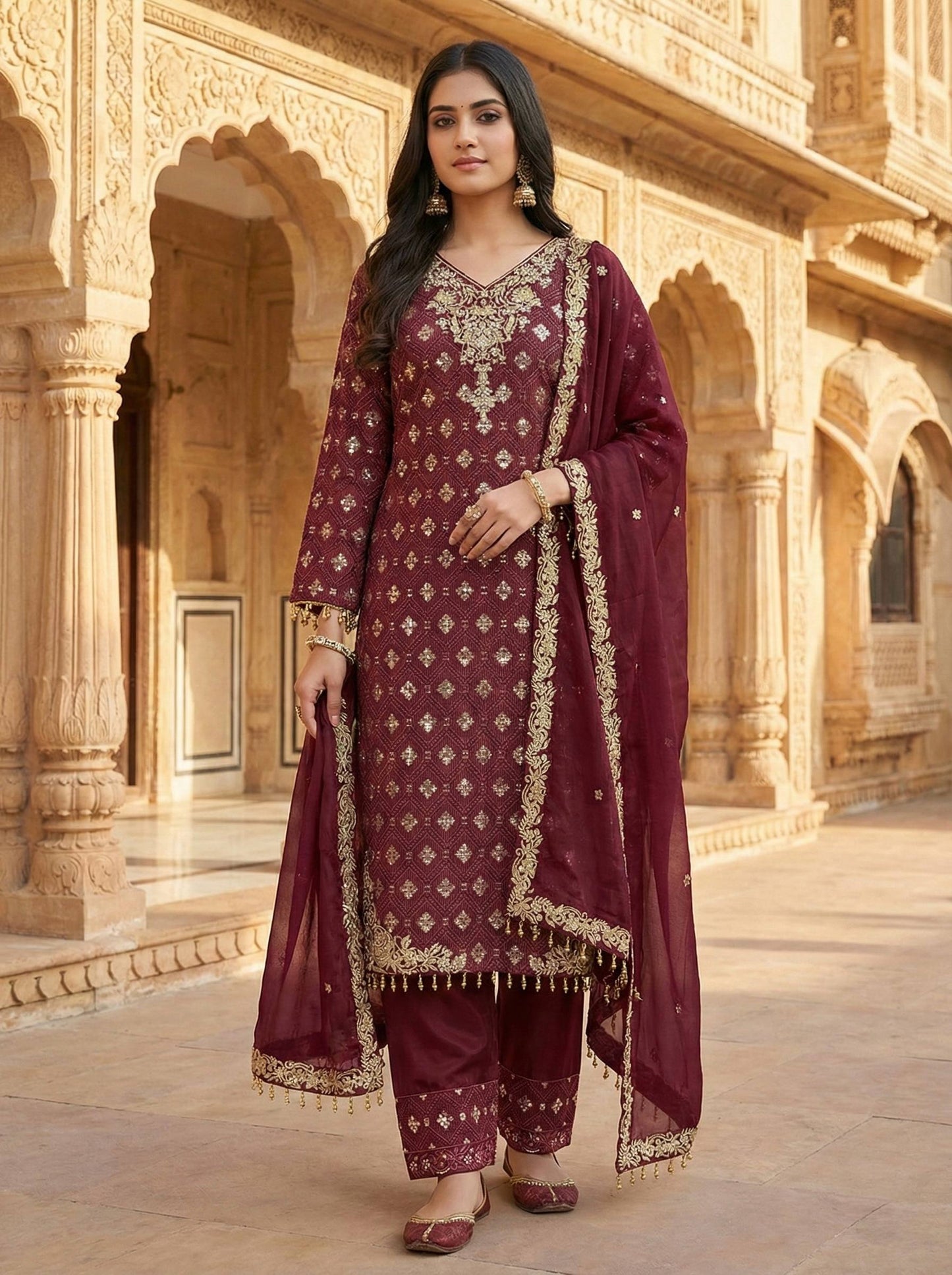 Red gmy silk with embroidery sequence work top-pant and dupatta