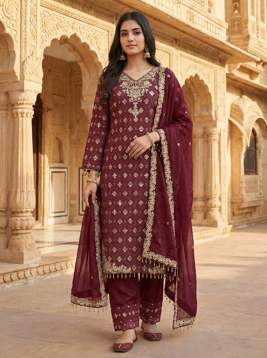 Red gmy silk with embroidery sequence work top-pant and dupatta