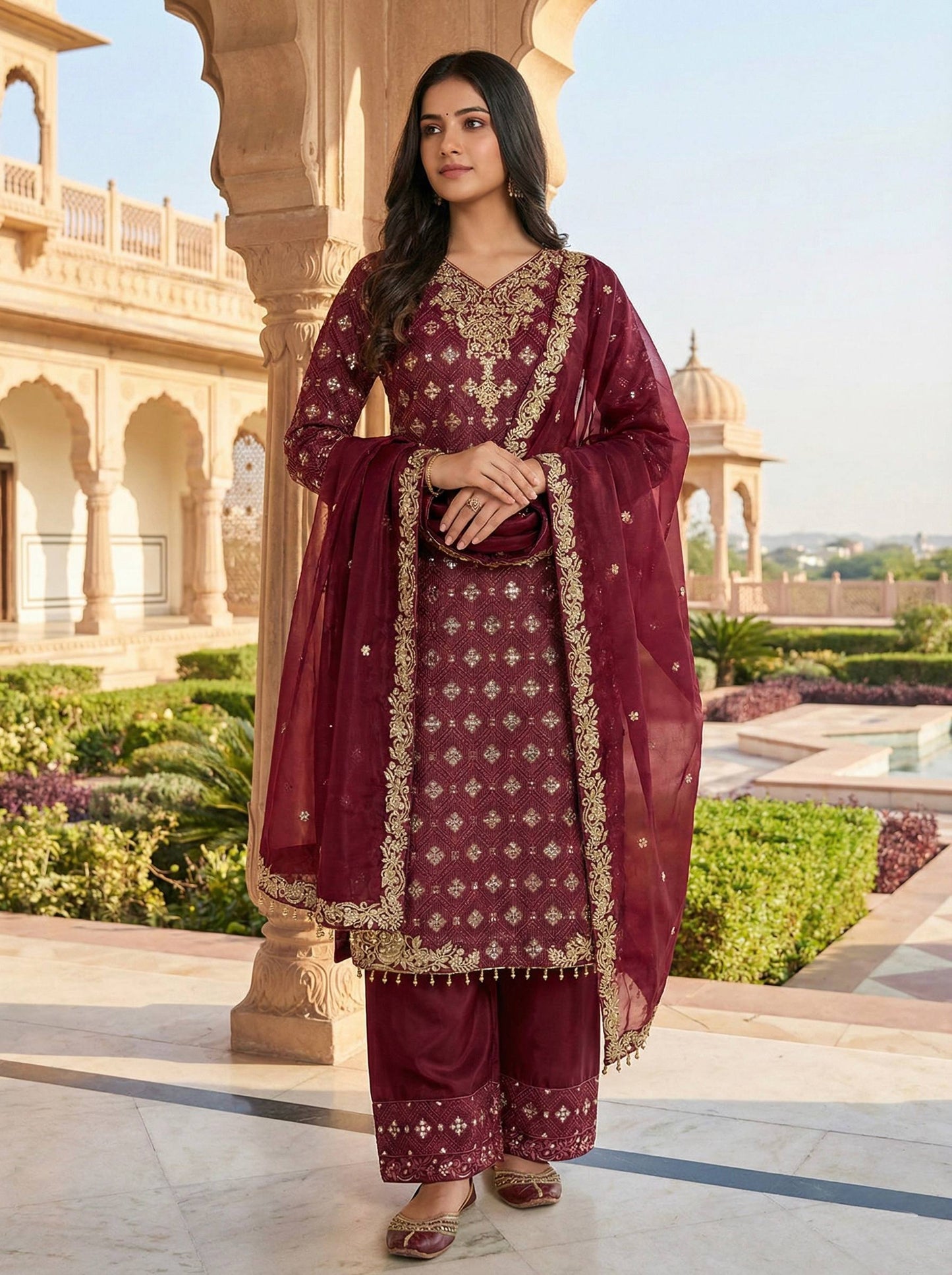 Red gmy silk with embroidery sequence work top-pant and dupatta
