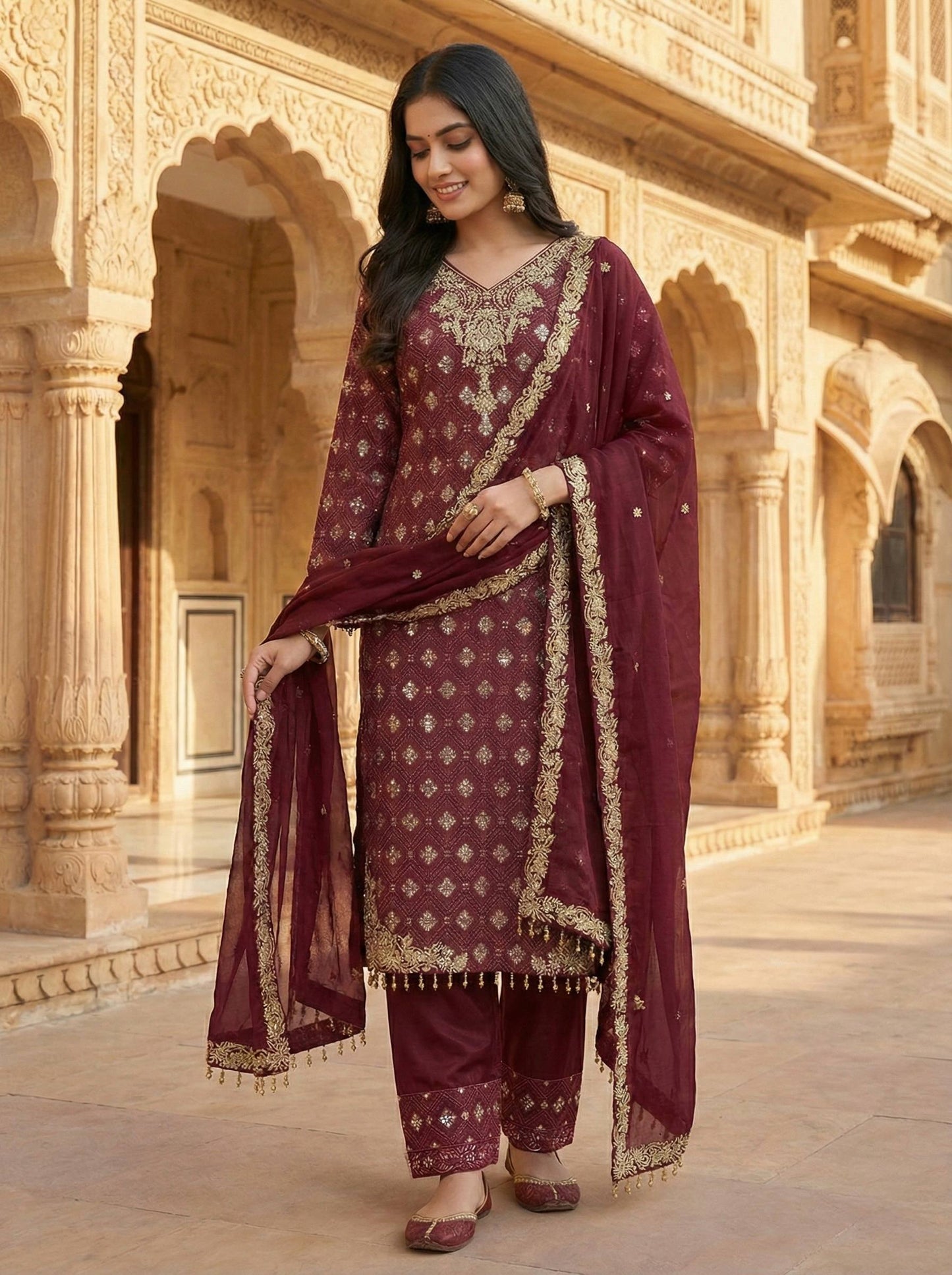 Red gmy silk with embroidery sequence work top-pant and dupatta