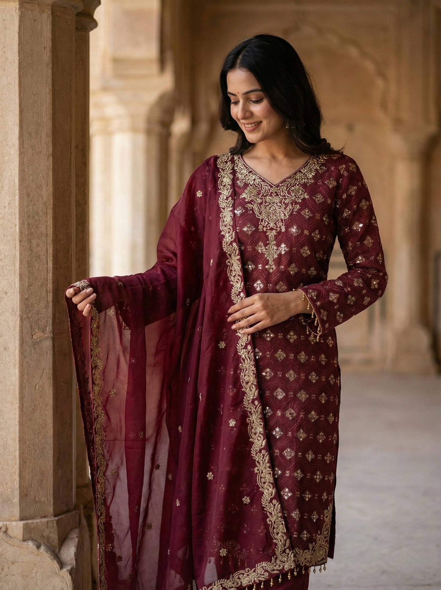 Red gmy silk with embroidery sequence work top-pant and dupatta
