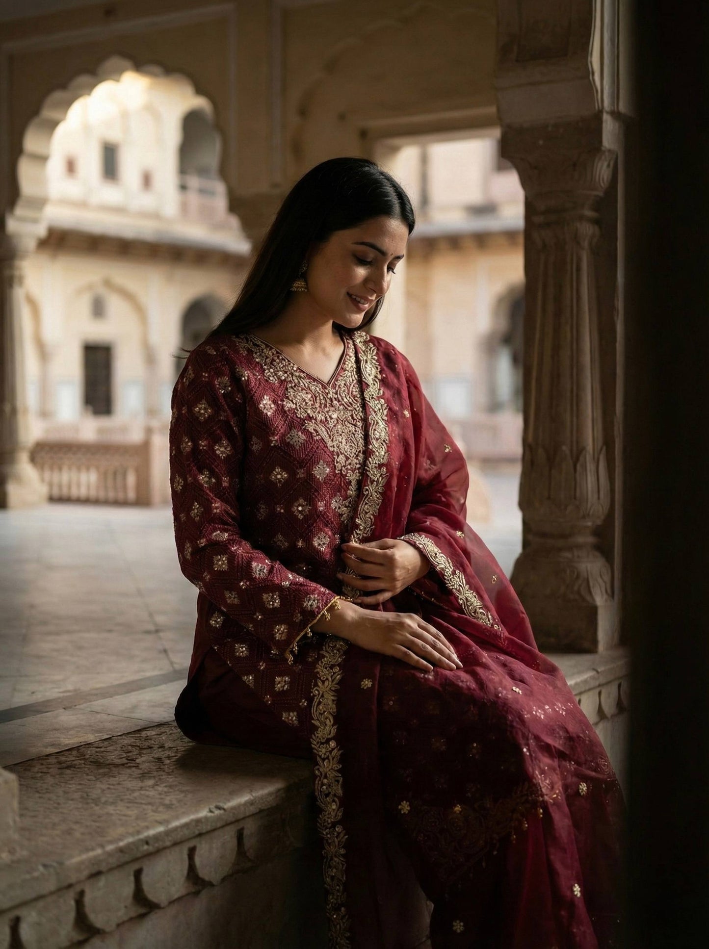 Red gmy silk with embroidery sequence work top-pant and dupatta