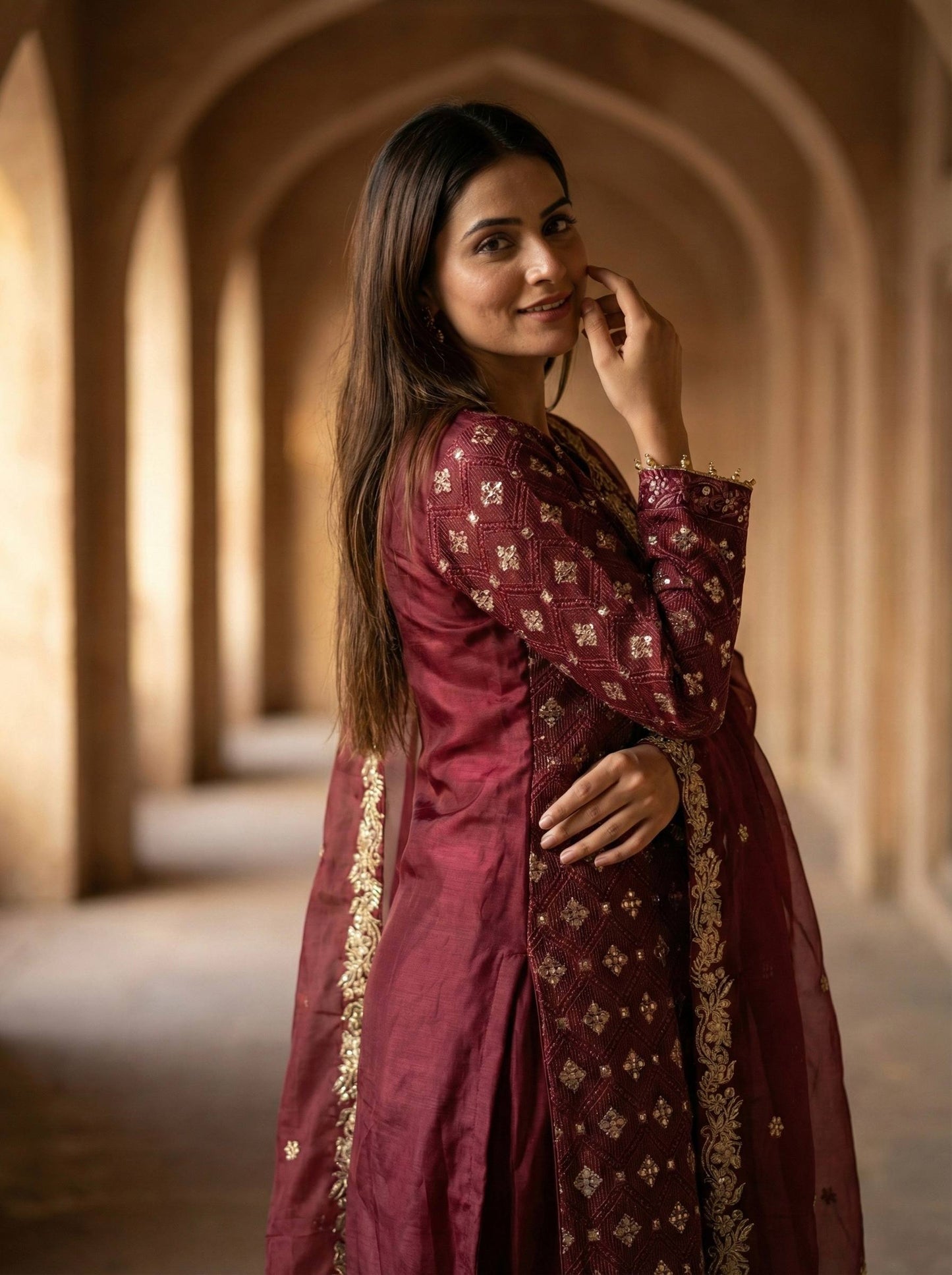 Red gmy silk with embroidery sequence work top-pant and dupatta