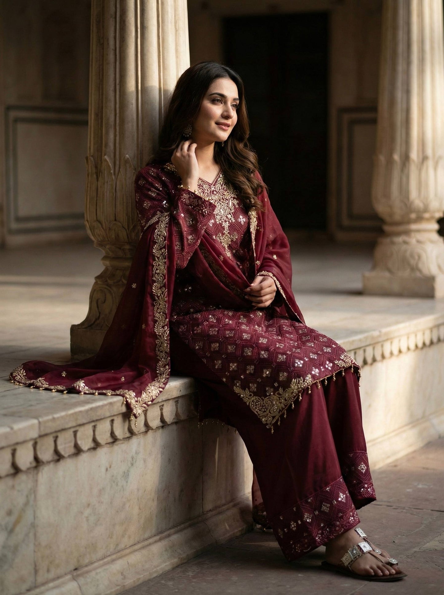 Red gmy silk with embroidery sequence work top-pant and dupatta