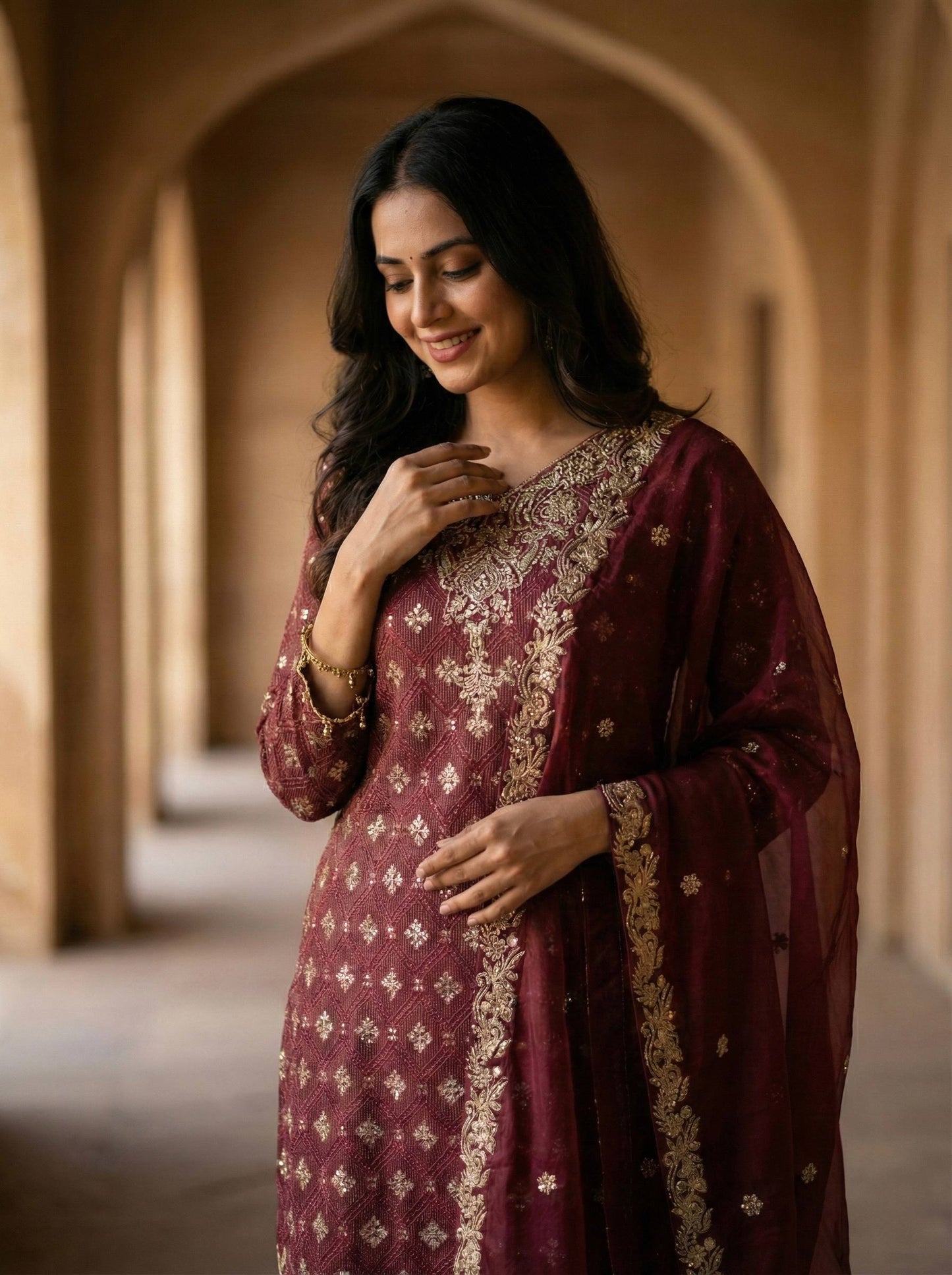 Red gmy silk with embroidery sequence work top-pant and dupatta